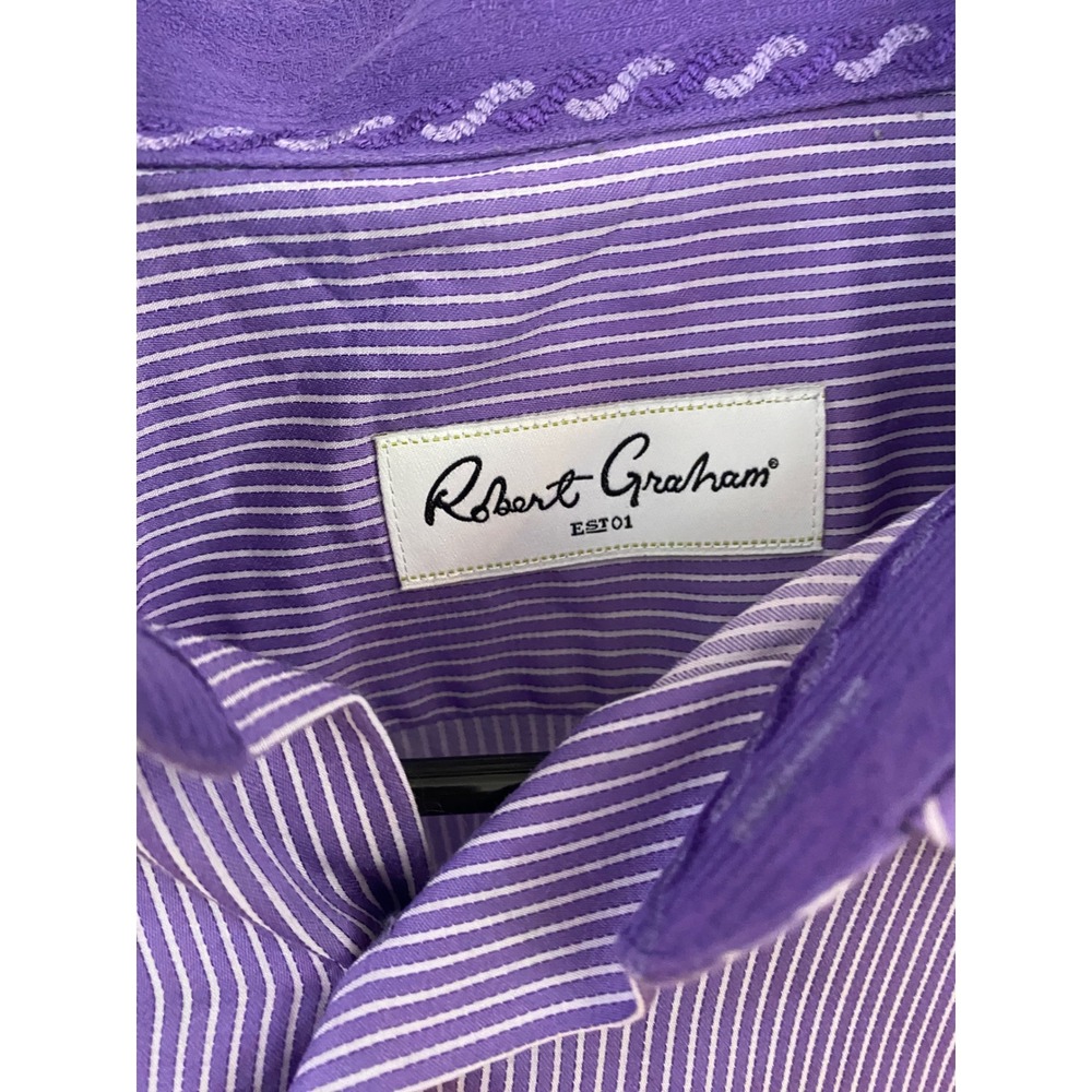 Robert Graham Button Down Shirt Mens 16.5 Purple White Striped Long Sleeve - Picture 3 of 7
